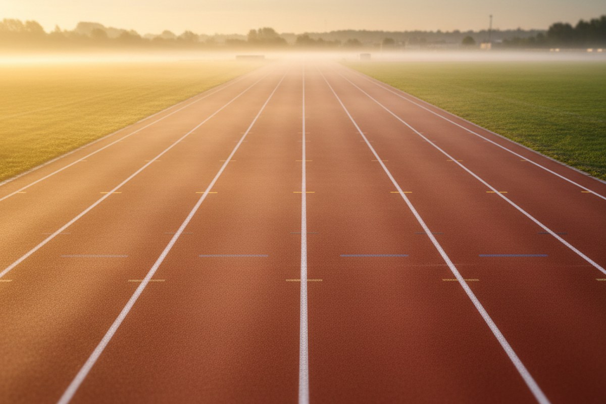 Piste d'athlétisme au lever du jour, lignes blanches et lumière chaude