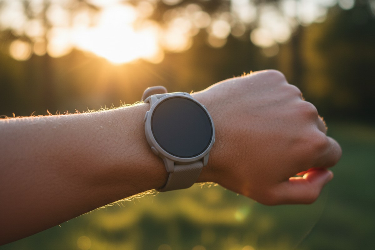 Montre GPS au poignet d'un coureur en pleine séance