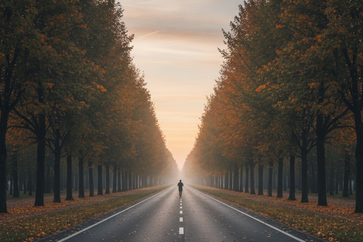 Coureur solitaire sur une longue avenue bordée d'arbres à l'aube en automne