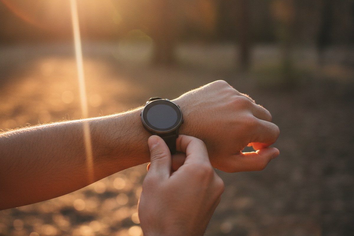 Gros plan sur un coureur consultant sa montre GPS au poignet en pleine lumière du matin