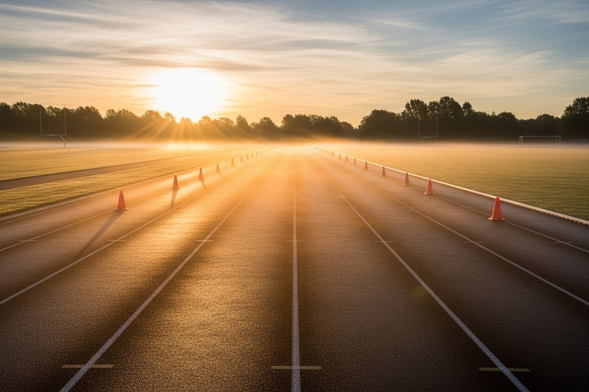 Piste d'athletisme vide a l'aube, lumiere doree de l'ete