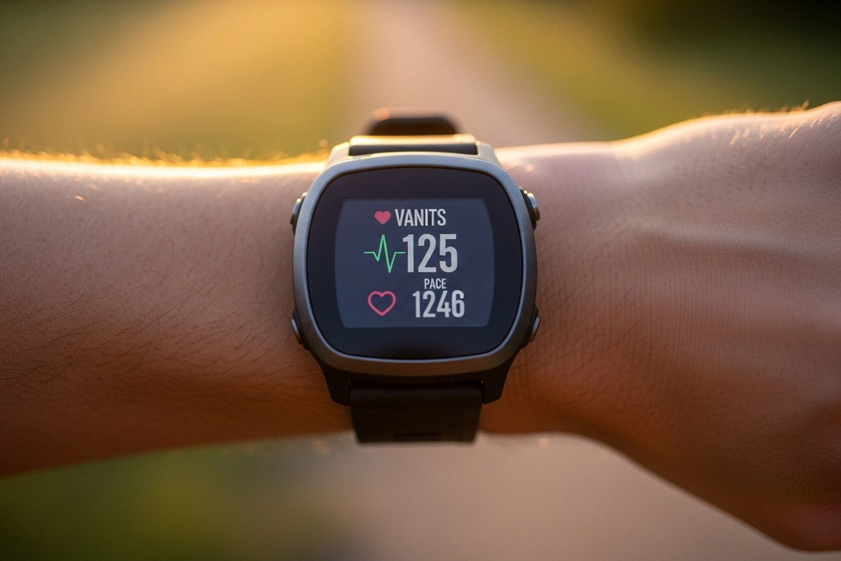 Montre GPS au poignet d'un coureur, lumiere chaude de l'ete