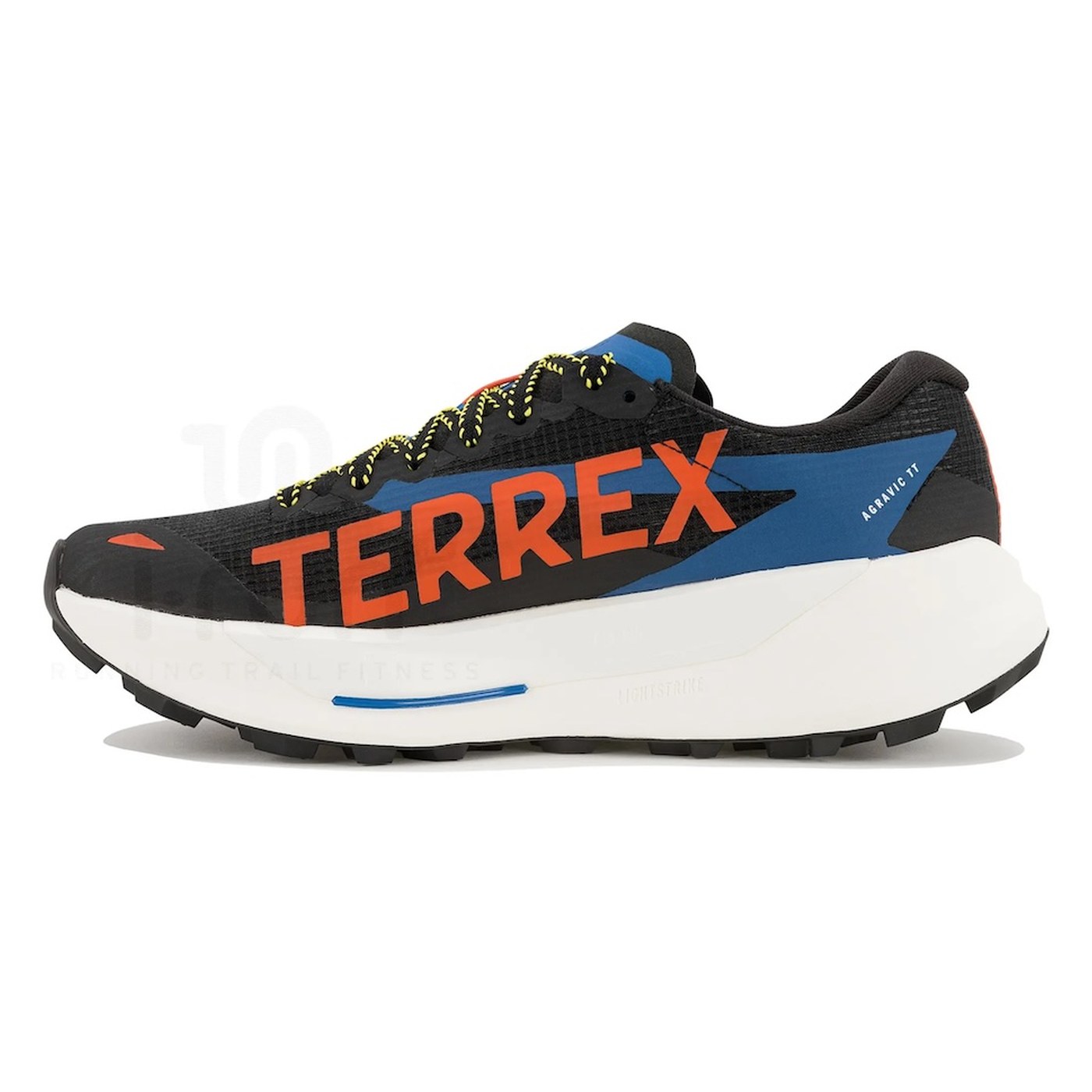 adidas Terrex Agravic TT profil médial, coloris noir bleu orange, inscription TERREX en orange