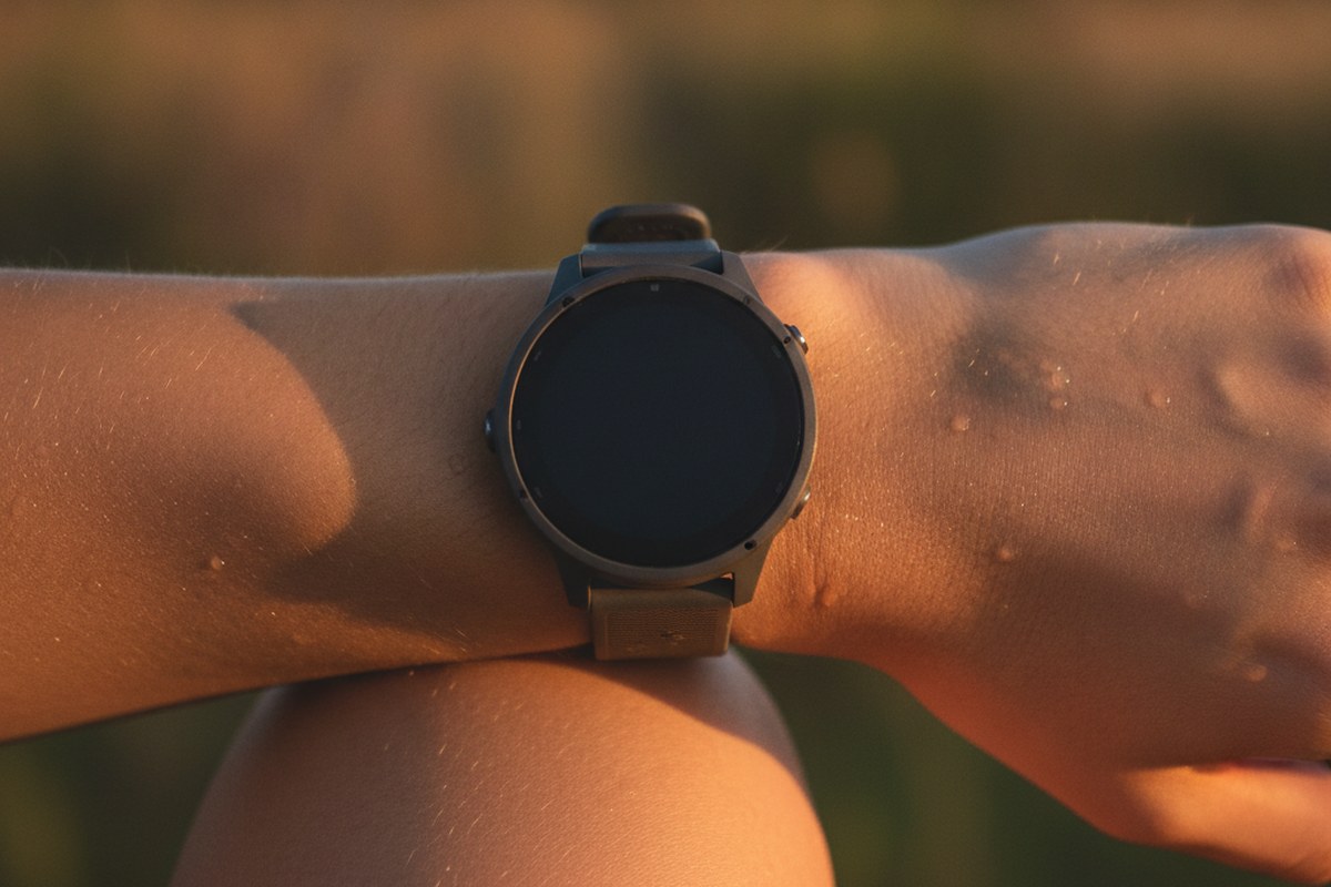 Gros plan d'une montre GPS au poignet d'un coureur au repos