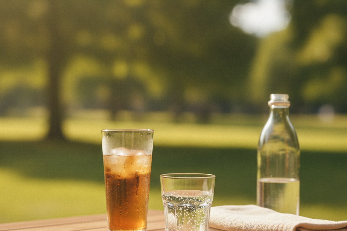 Un verre de boisson ambrée à côté d'un verre d'eau et d'une bouteille sur une table de terrasse ensoleillée
