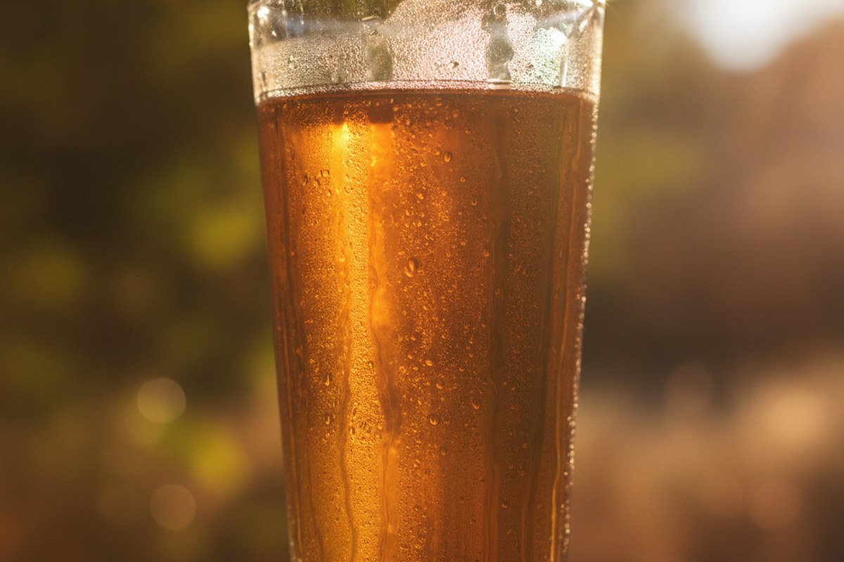 Gros plan sur un verre de boisson ambrée couvert de condensation dans une lumière chaude de fin de journée