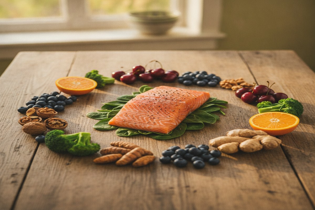 Plateau d'aliments anti-inflammatoires sur une table en bois : baies, saumon, noix, epinards, curcuma