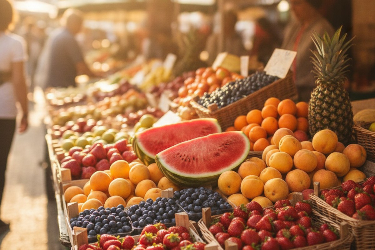 Étal de marché estival avec fruits colorés, pastèque et pêches en plein soleil