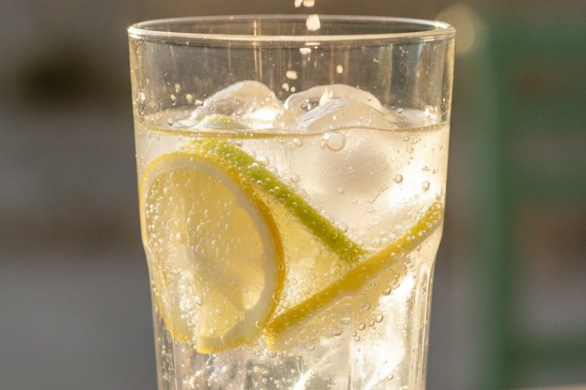 Verre d'eau fraîche avec glaçons et tranches de citron au soleil