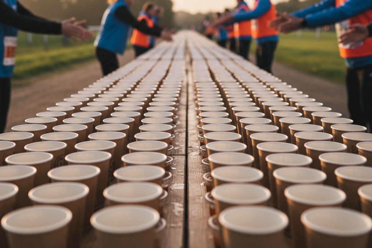 Table de ravitaillement marathon avec gobelets alignés et bénévoles tendant les mains