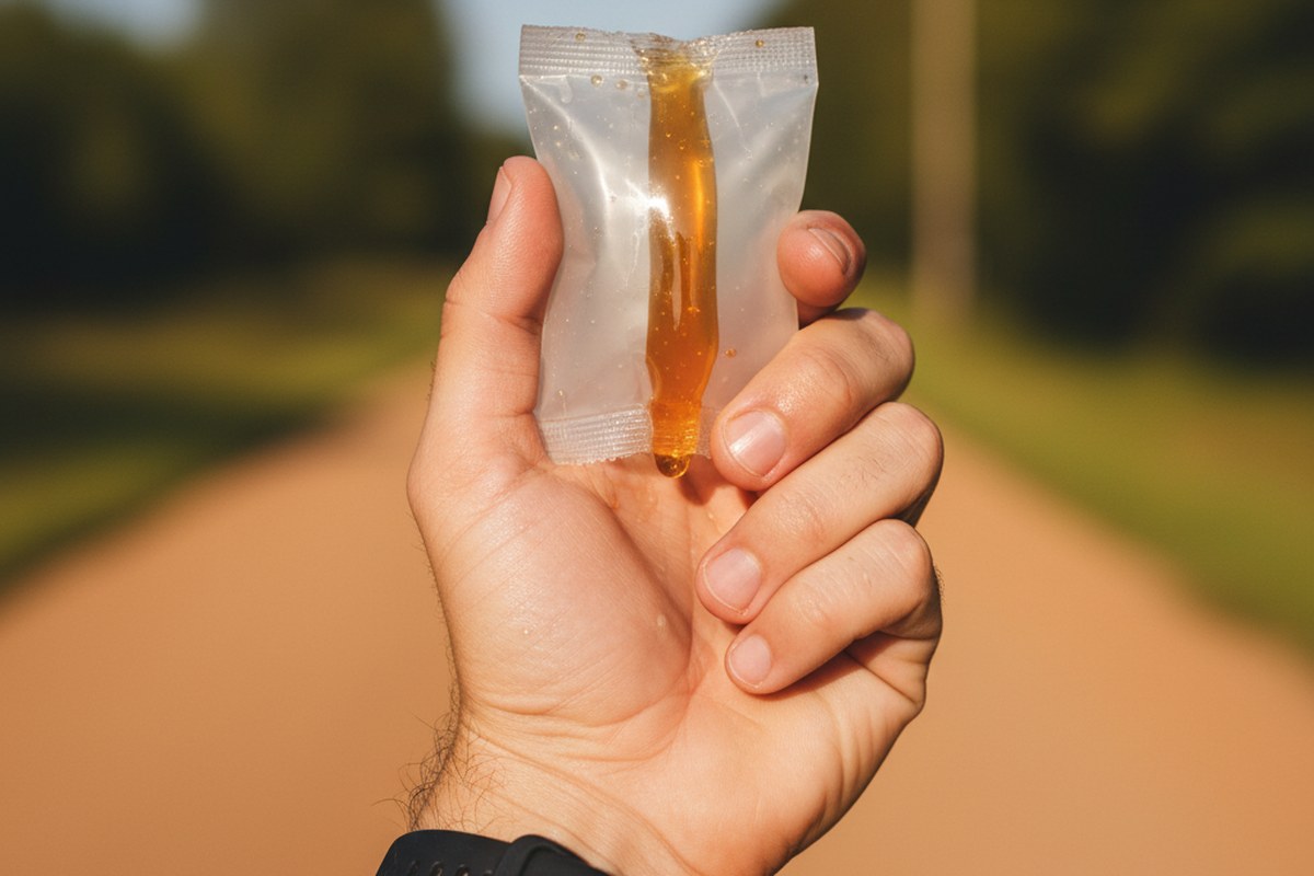 Gros plan sur une main de coureur tenant un sachet de gel énergétique entamé