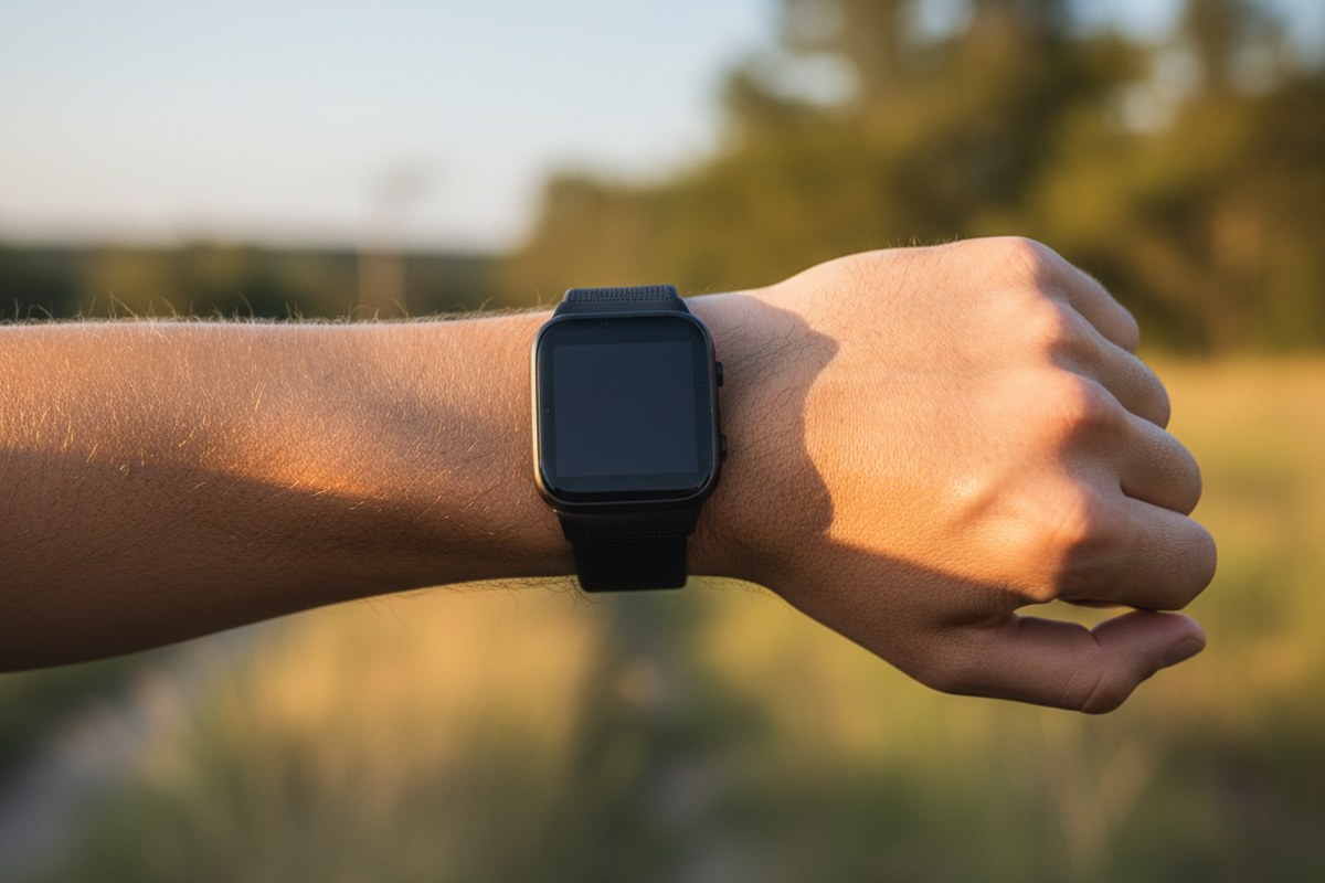 Plan rapproché d'une montre de sport au poignet d'un coureur