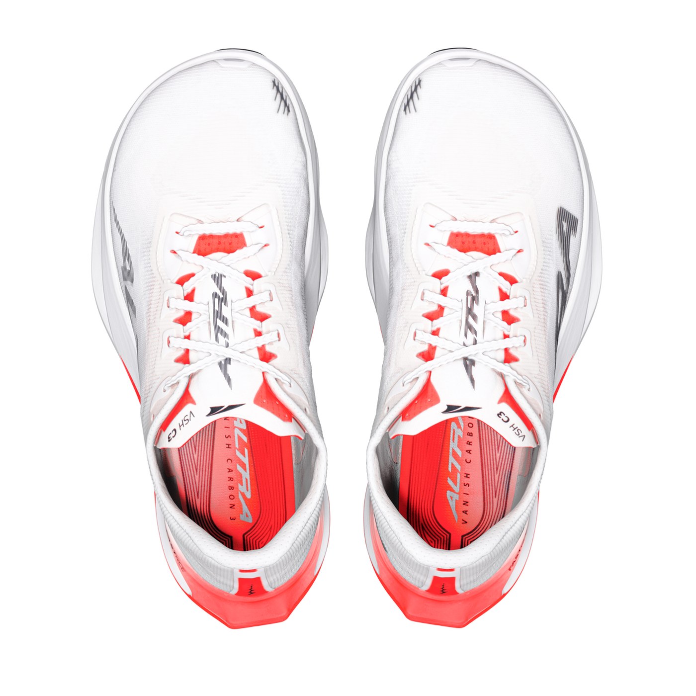 Altra Vanish Carbon 3, vue de dessus, paire complète, laçage rouge et blanc