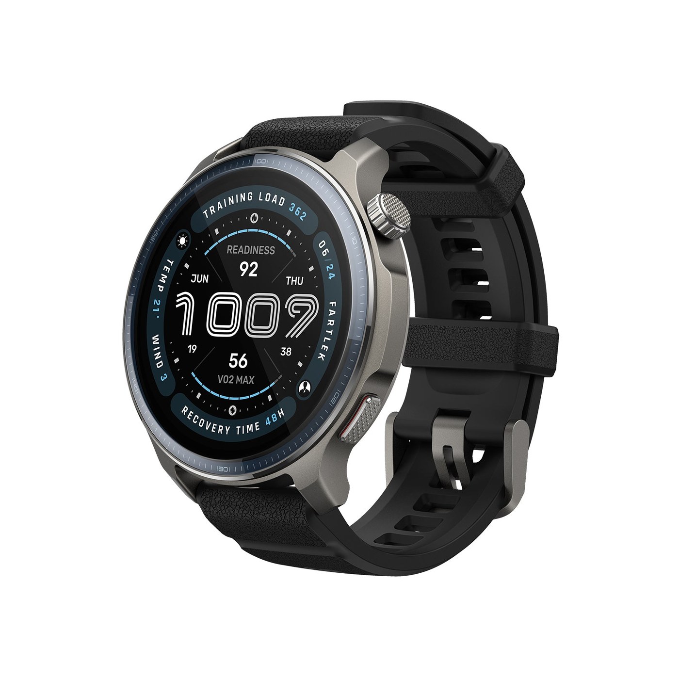 Amazfit Balance 2 de face, affichage Readiness score sur l'écran AMOLED, coloris Midnight Black