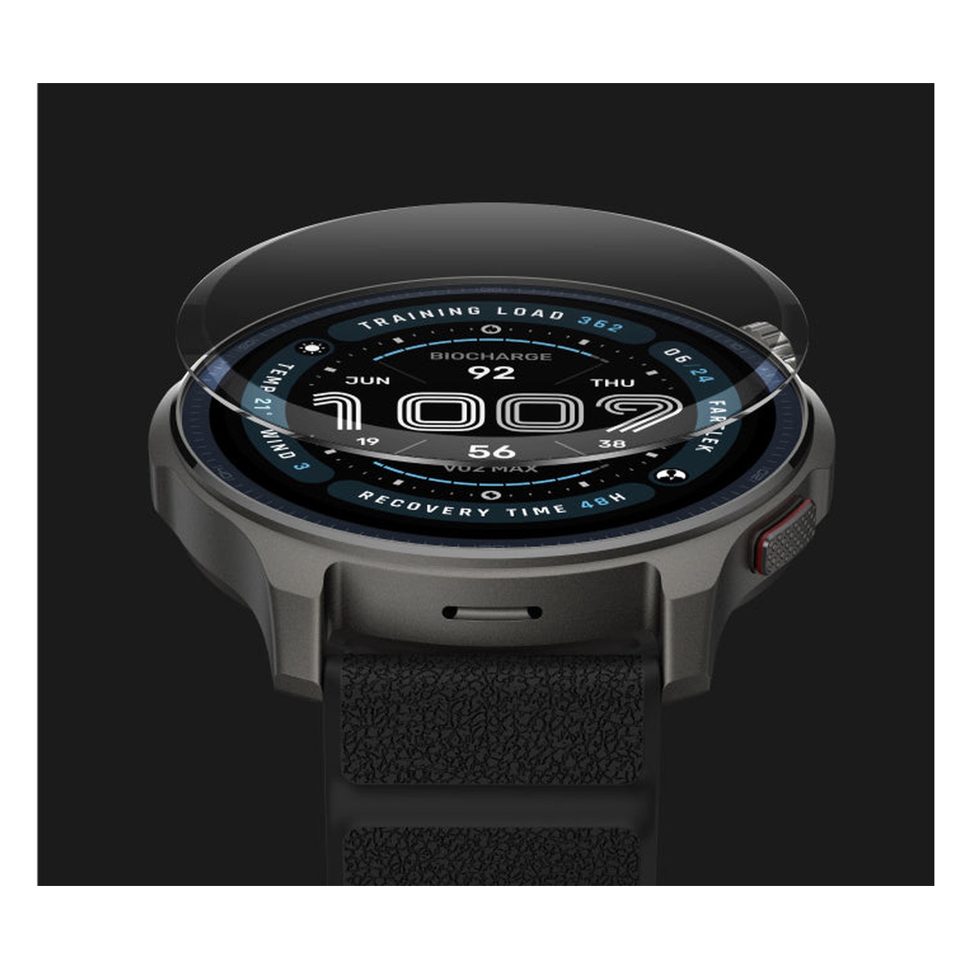 Gros plan sur le cadran AMOLED de l'Amazfit Balance 2 affichant BioCharge 92, Training Load 362, VO2 MAX 56 et Recovery Time 48H
