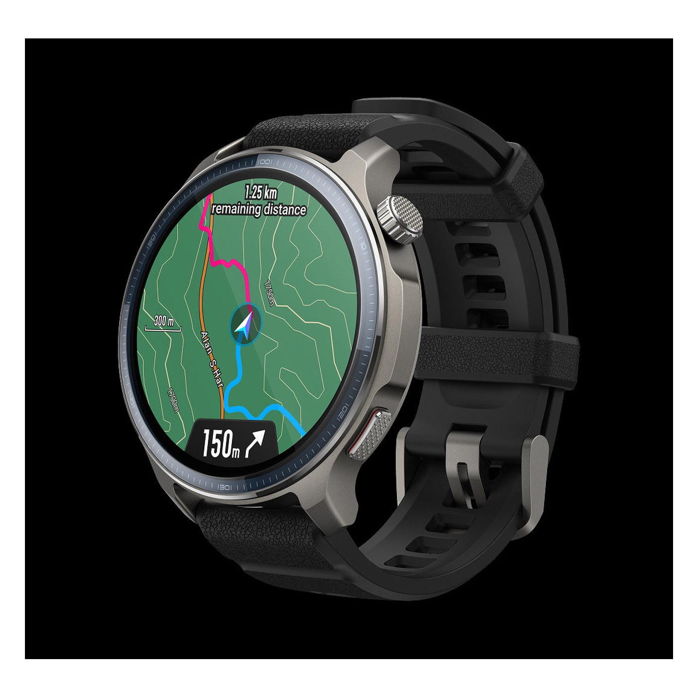 Amazfit Balance 2 affichant la navigation cartographique GPS en temps réel, 1,25 km restants avant le prochain virage