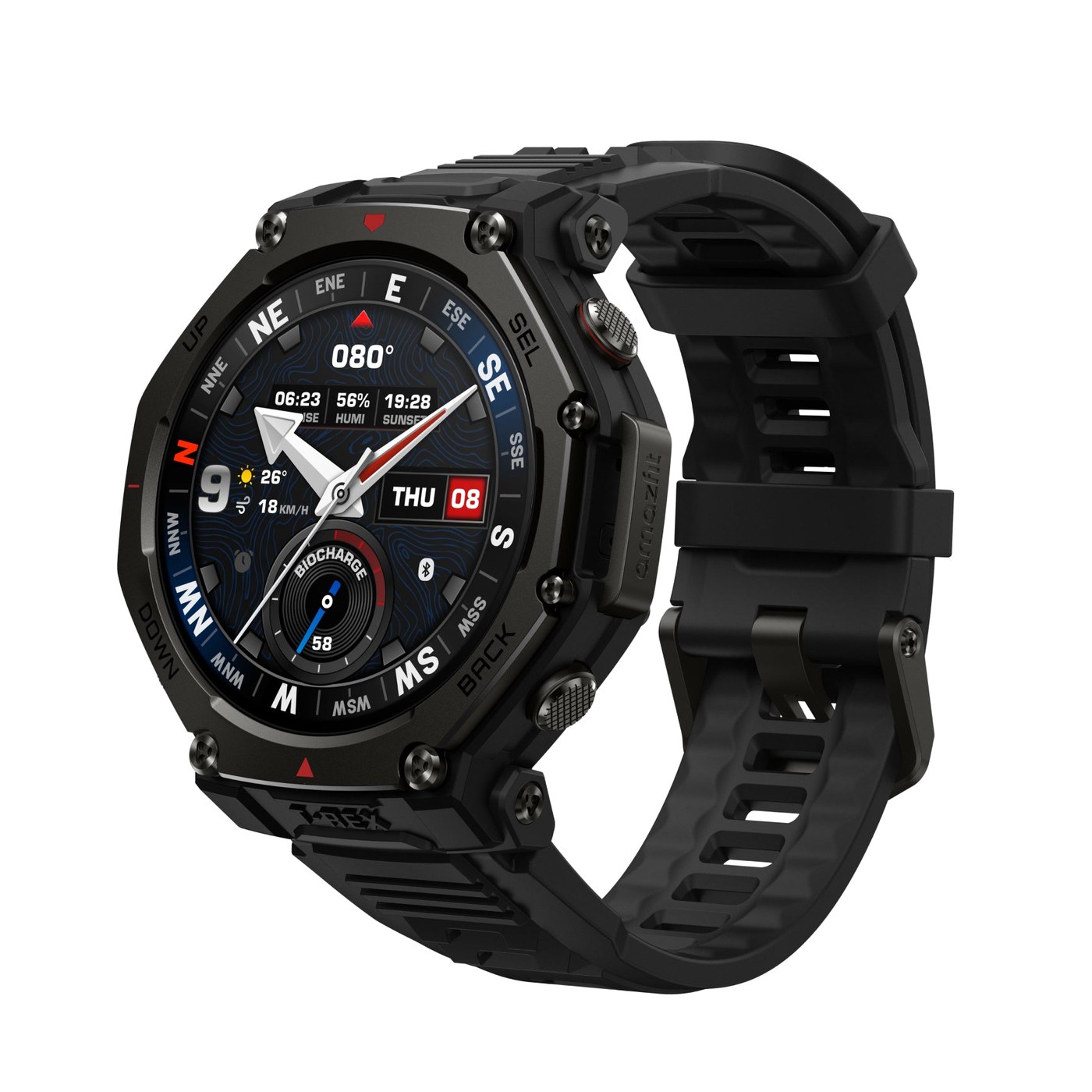 Amazfit T-Rex 3 Pro, vue 3/4 face cadran boussole