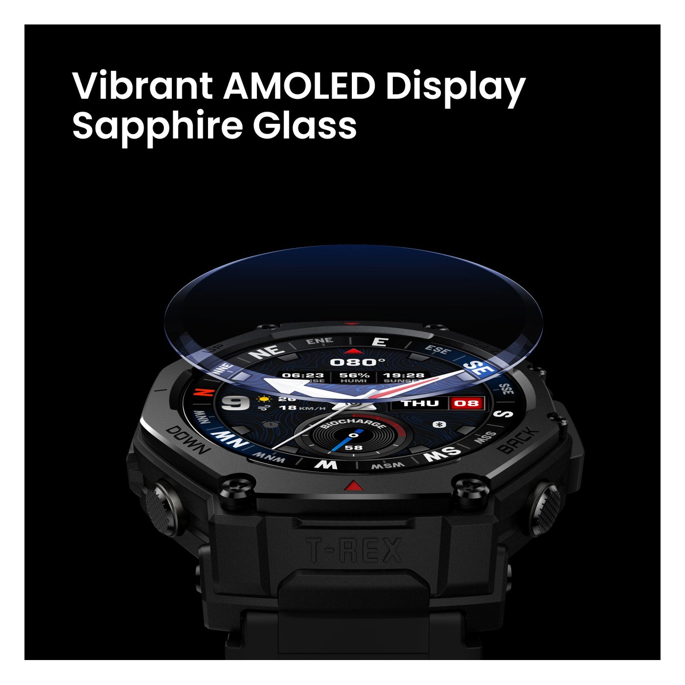 Amazfit T-Rex 3 Pro, écran AMOLED et verre saphir en détail