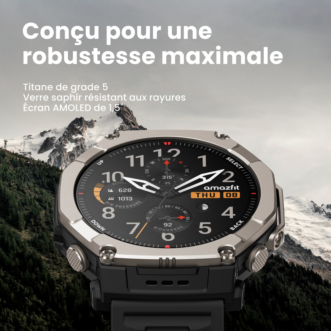 Amazfit T-Rex Ultra 2 conçue pour une robustesse maximale : titane grade 5, verre saphir, AMOLED 1,5 pouce