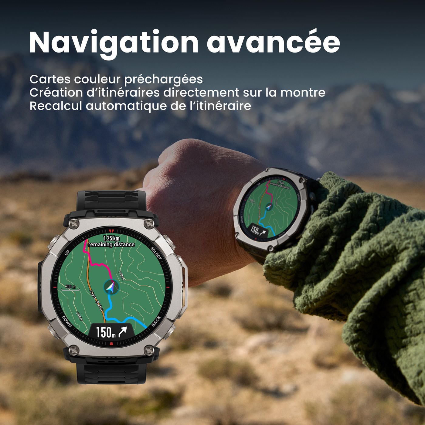 Amazfit T-Rex Ultra 2 navigation avancée : cartes couleur préchargées, création d'itinéraires et recalcul automatique