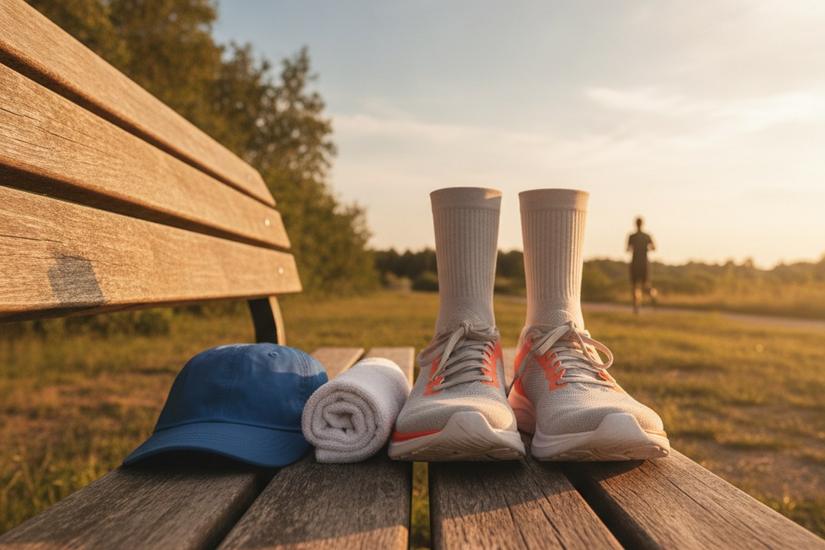 Chaussures et chaussettes techniques de running posées sur un banc au soleil