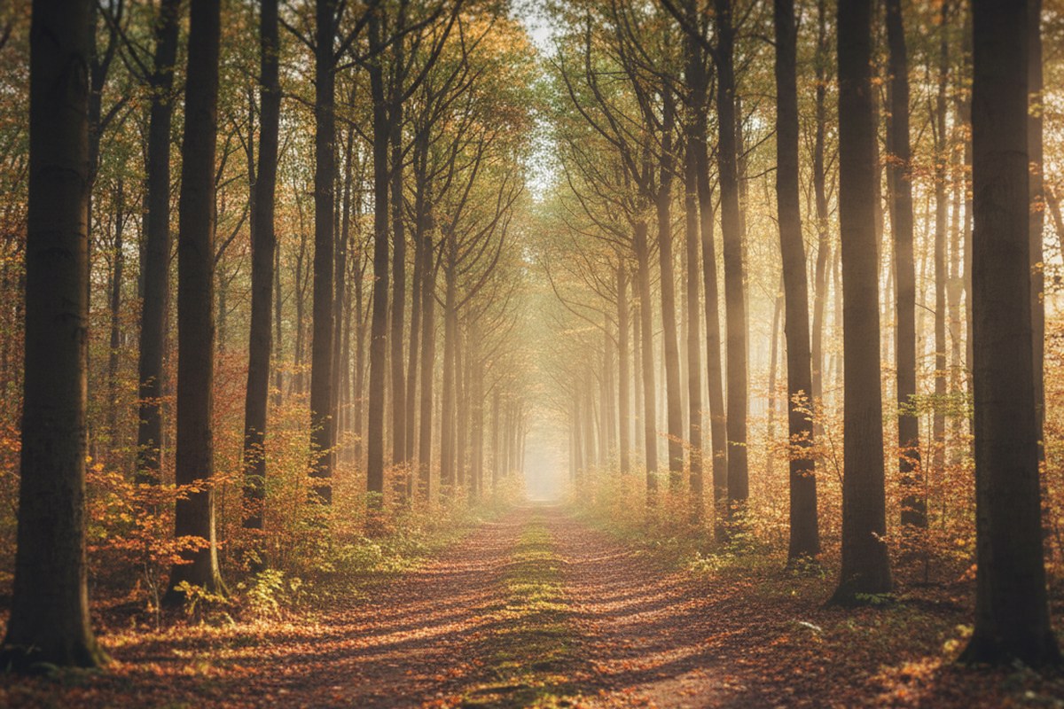 Sentier forestier baigné de lumière dorée au lever du jour