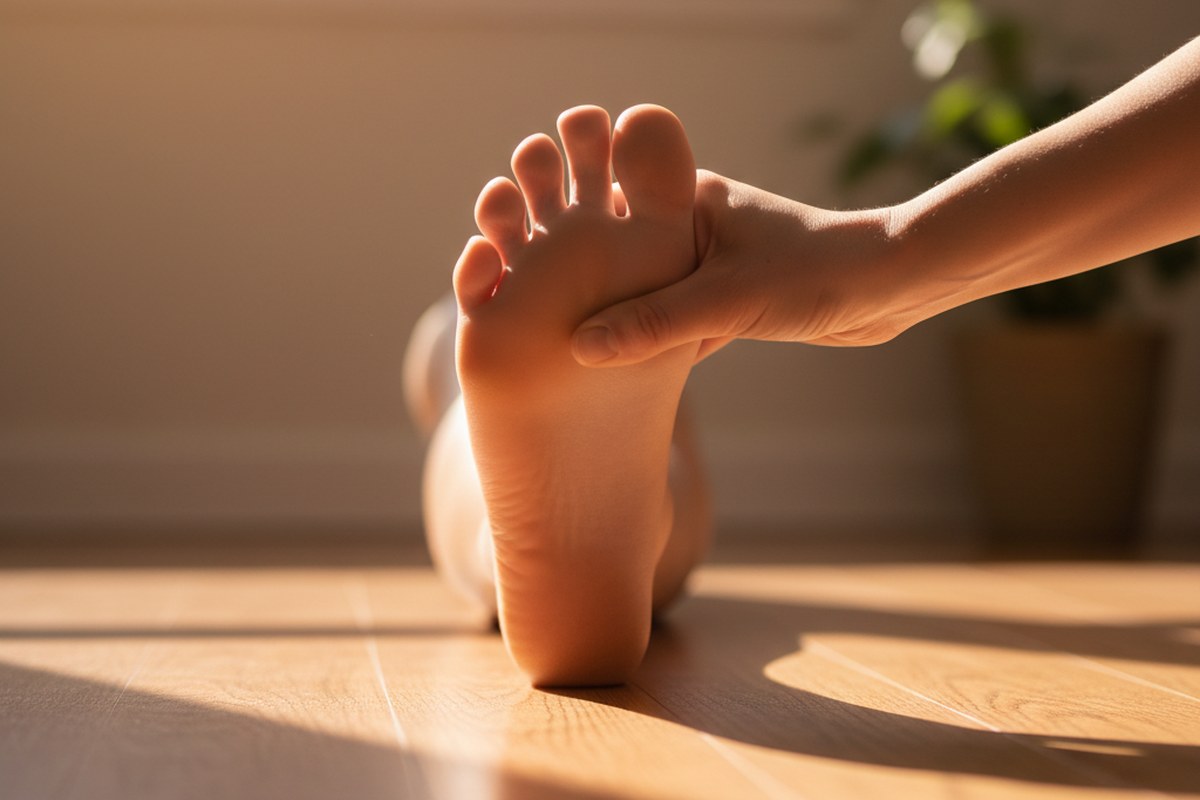 Étirement de l'aponévrose plantaire avec extension des orteils, gros plan sur le pied