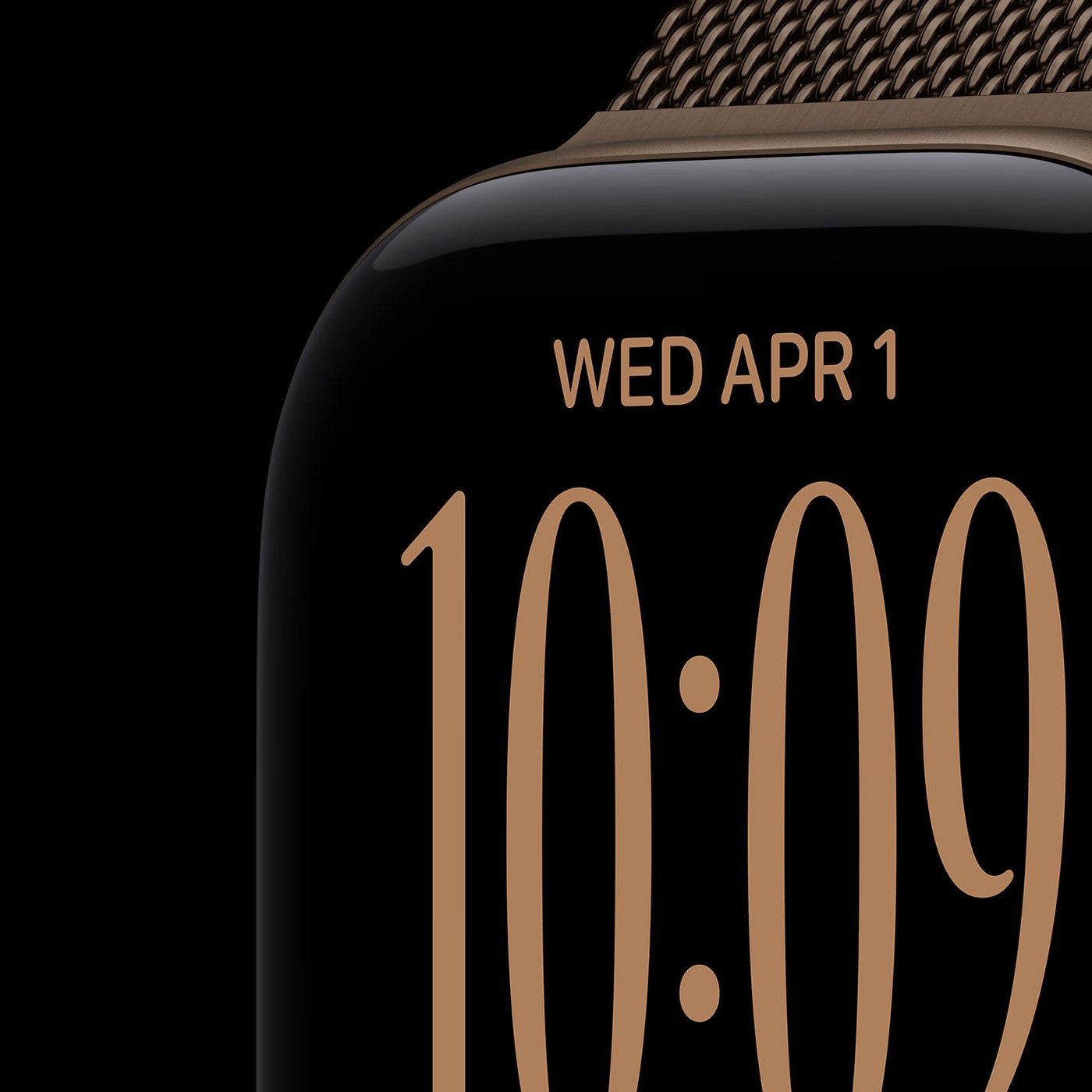 Apple Watch Series 12 bronze sombre avec bracelet milanais, vue de trois quarts
