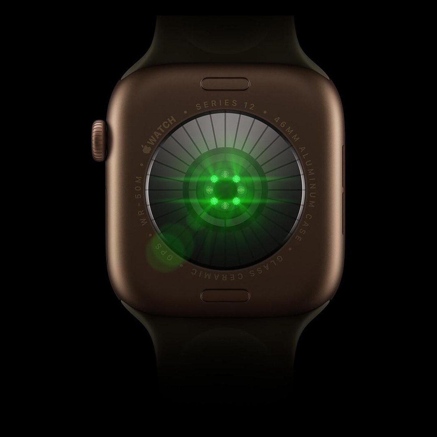Dos de l'Apple Watch Series 12 avec le capteur cardiaque optique allumé