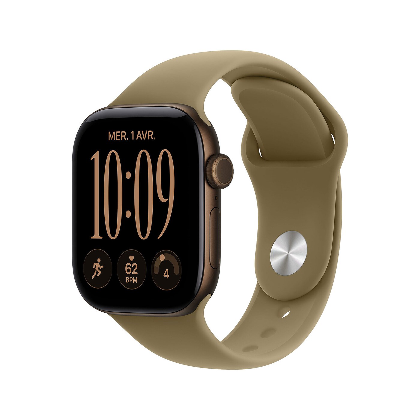 Apple Watch Series 12 42 mm aluminium bronze sombre avec bracelet sport olive