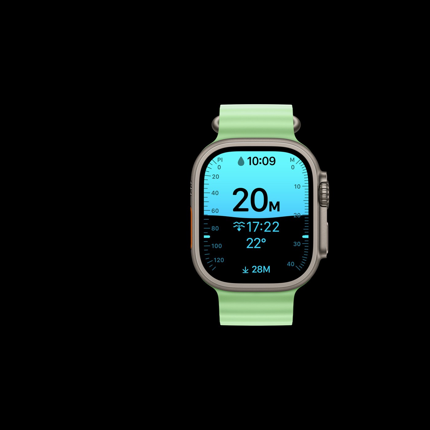 Apple Watch Ultra 3 cadran profondimètre 20 metres etancheite 100m boitier titane naturel bracelet Ocean vert