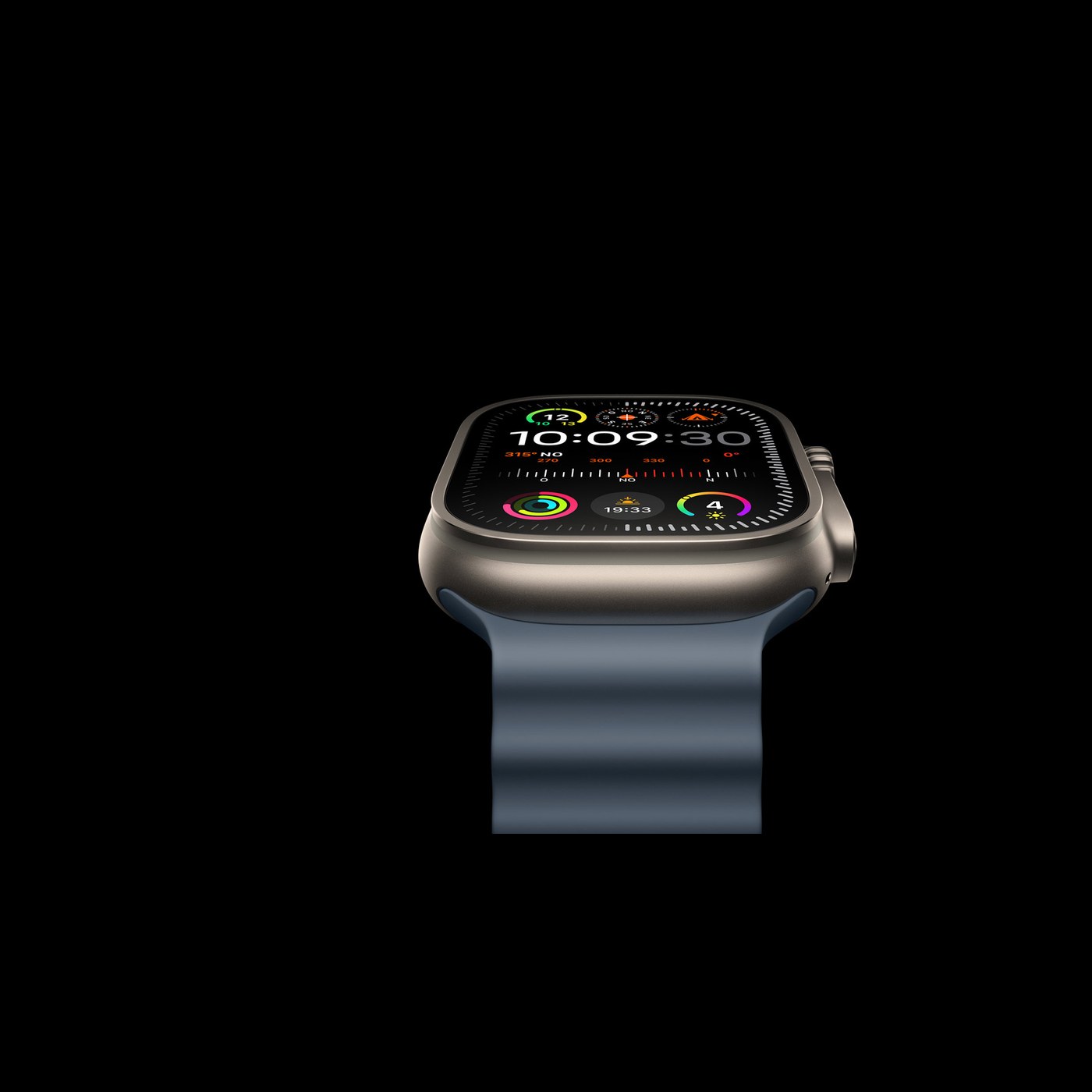 Apple Watch Ultra 3 profil lateral couronne action bouton bracelet Ocean bleu cadran boussole