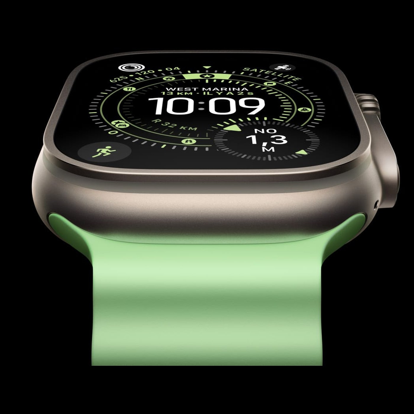 Apple Watch Ultra 3 cadran Wayfinder cartographie boitier titane naturel bracelet Ocean vert detail profil incline