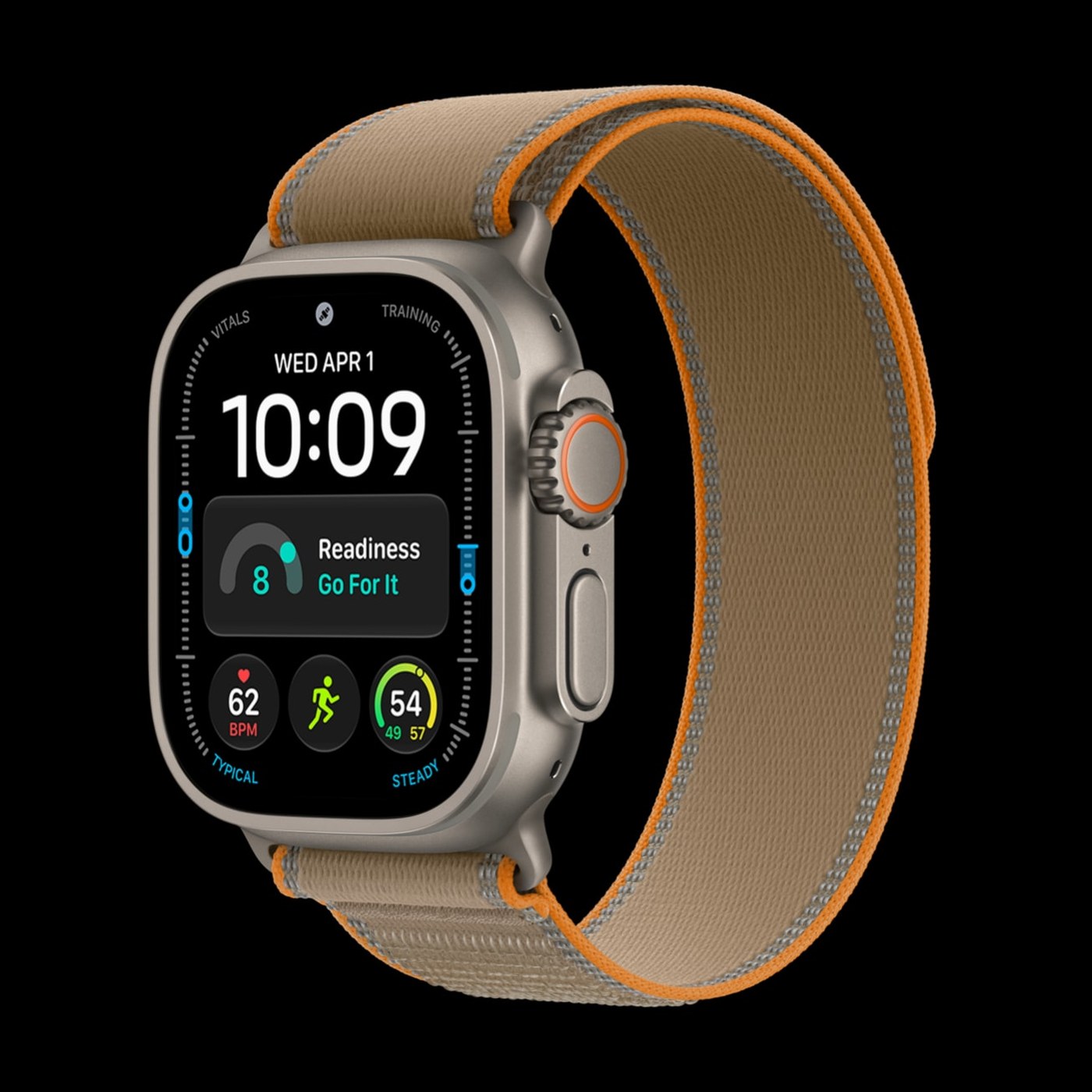 Apple Watch Ultra 4 vue trois quarts avec bracelet Trail Loop sable