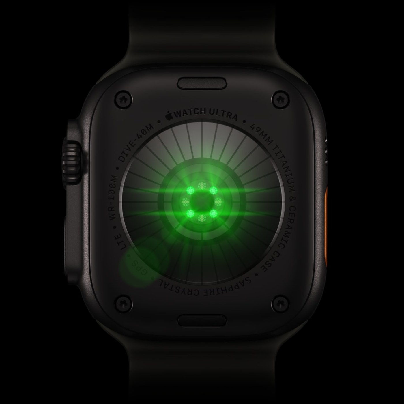 Apple Watch Ultra 4 vue arrière, capteur cardiaque optique en fonctionnement