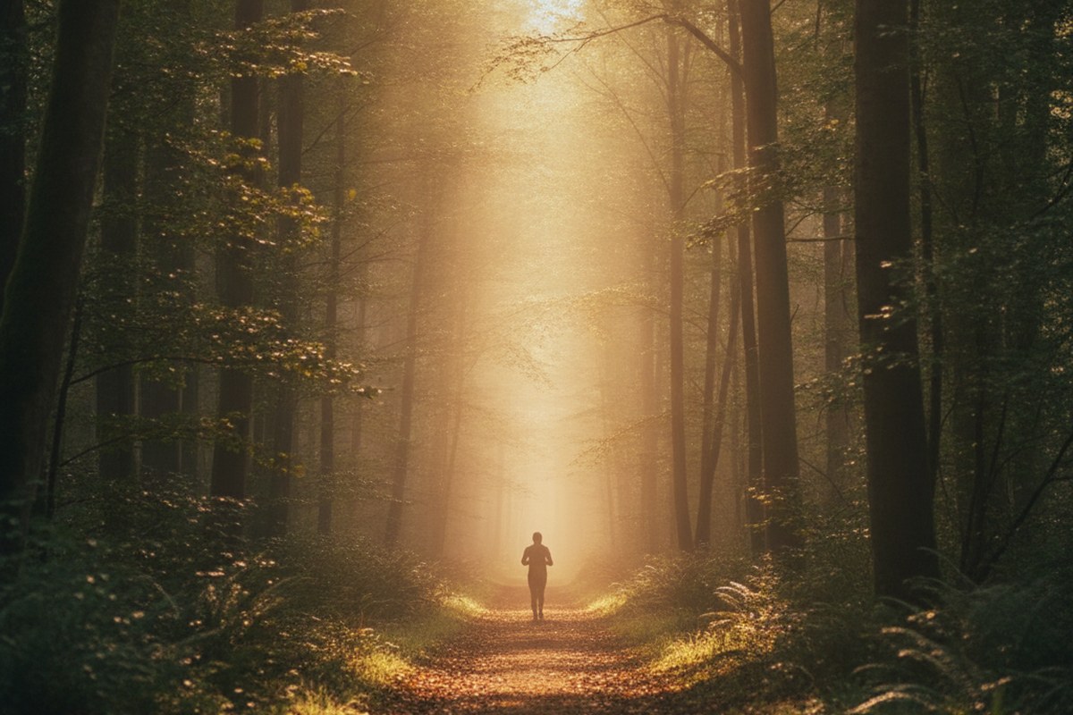 Coureur en silhouette sur un chemin forestier baigné de lumière du matin