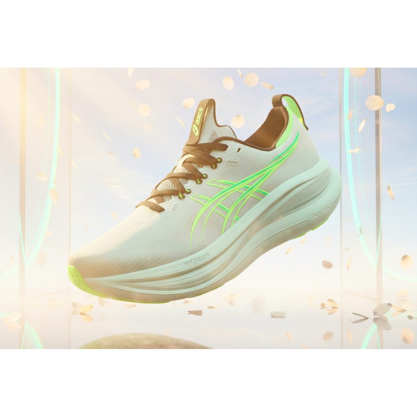 Asics Gel-Nimbus 28 vue 3/4 face avec effet techno
