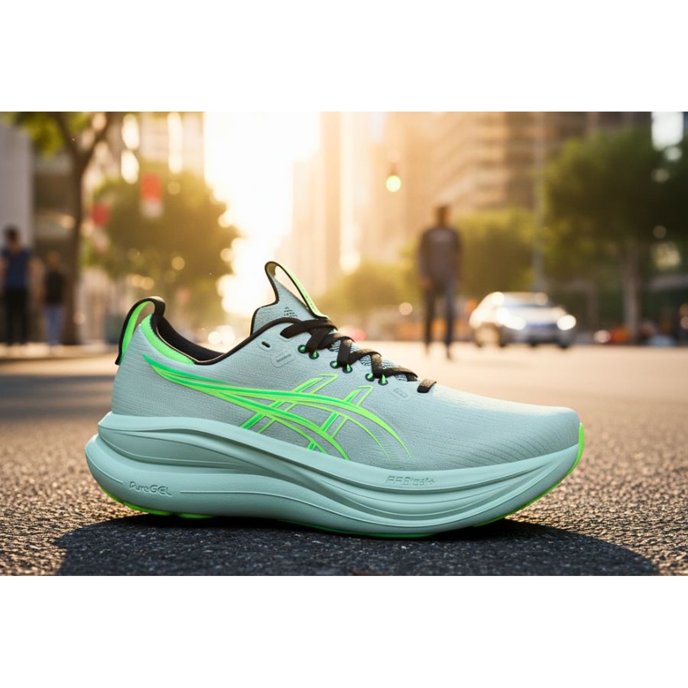 Asics Gel-Nimbus 28 en ville au coucher du soleil