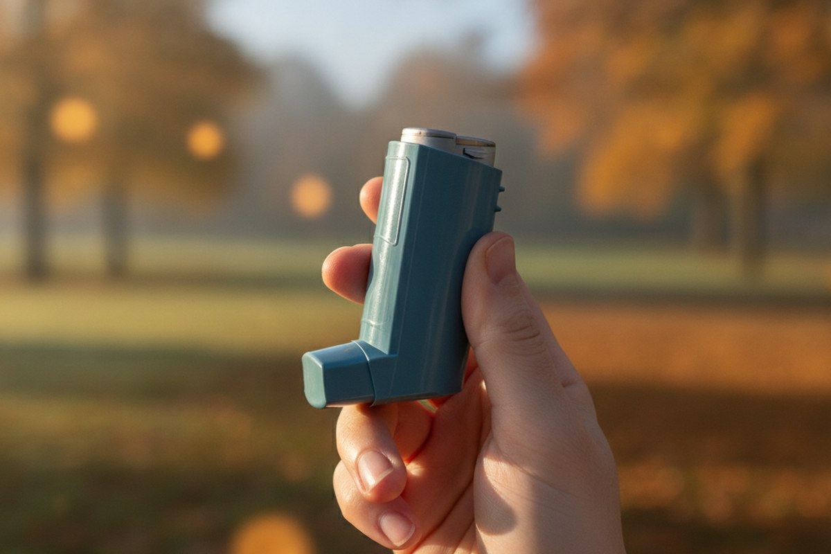 Main tenant un inhalateur de secours en lumière douce d'automne