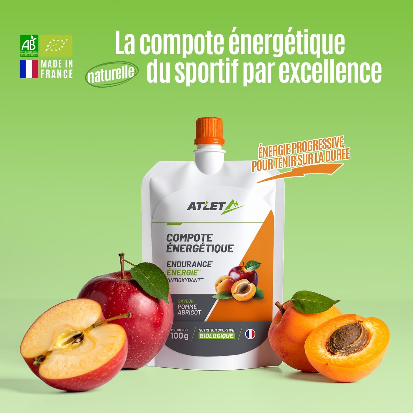 Atlet compote energetique pomme-abricot avec fruits frais