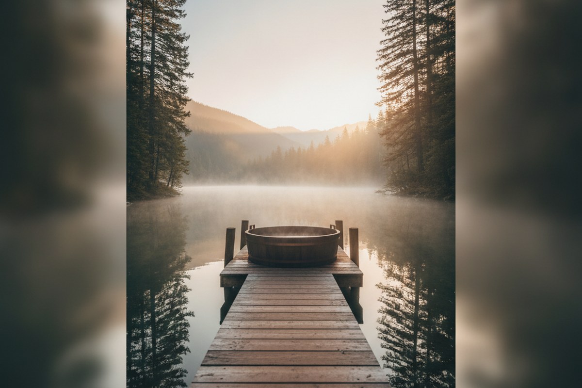 Bassine d'immersion en eau froide sur un ponton en bois au bord d'un lac de montagne au lever du soleil