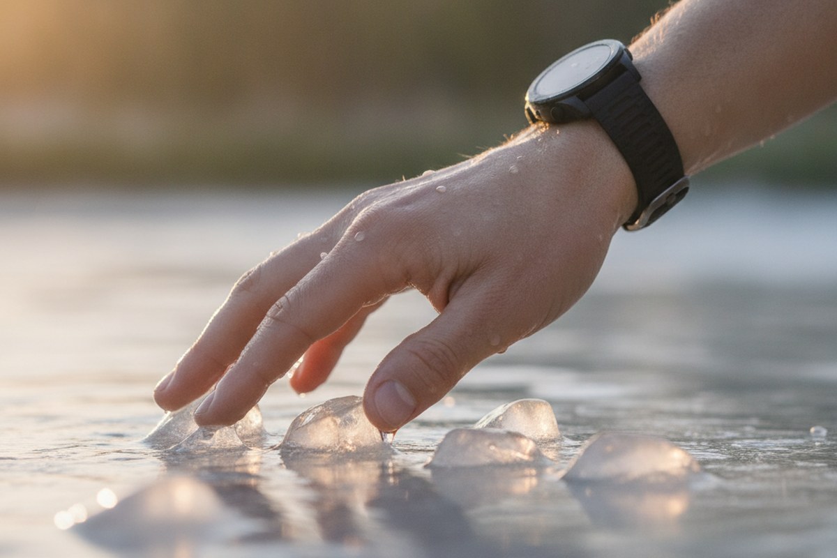Gros plan d'une main qui touche des glaçons flottant à la surface d'une eau froide au coucher du soleil