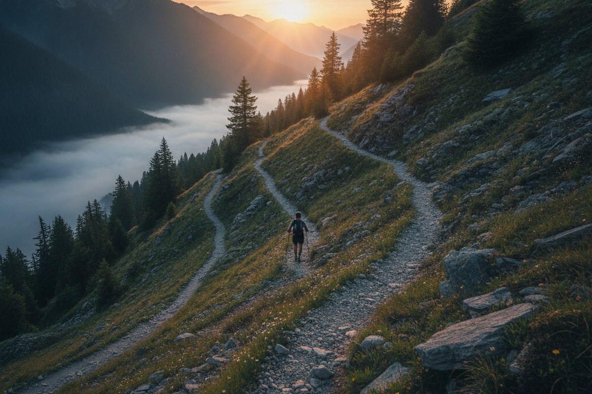 Sentier de montagne en lacets au lever du soleil, coureur au loin utilisant des bâtons de trail