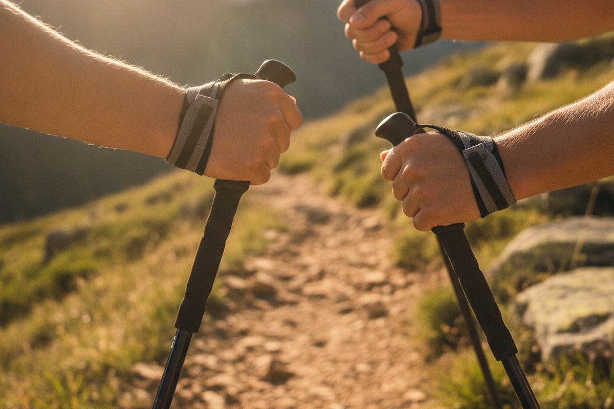Gros plan sur des mains gantées tenant les poignées de bâtons de trail avec dragonnes, sur un sentier caillouteux