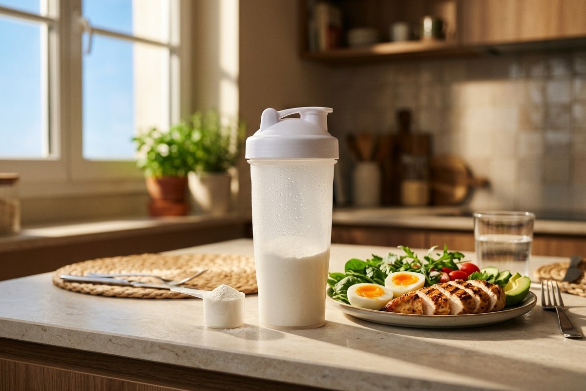 Shaker de protéine en poudre posé sur un plan de cuisine ensoleillé, à côté d'une assiette de poulet grillé et d'œufs