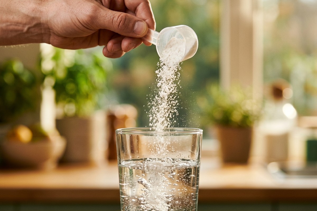 Gros plan sur une main qui verse de la poudre blanche dans un verre d'eau avec de la lumière naturelle