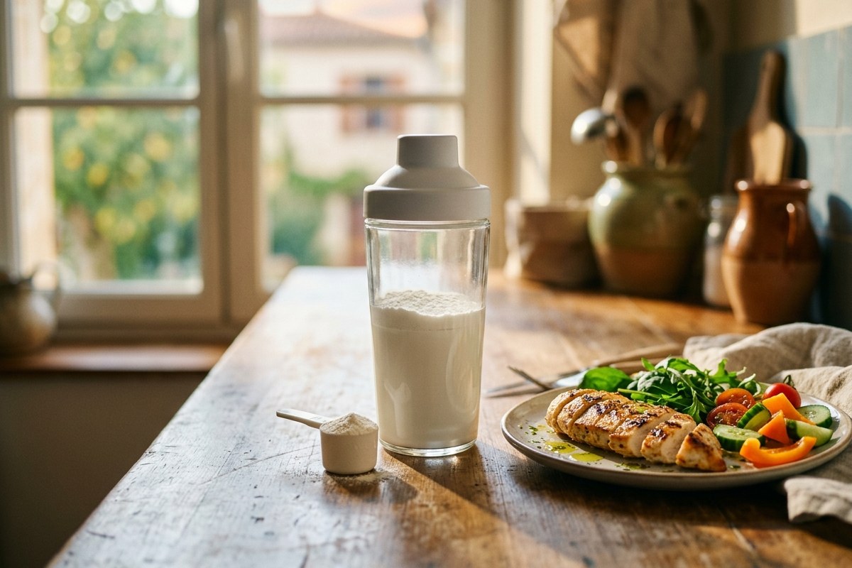 Shaker de complement en poudre pose sur un plan de travail ensoleille a cote d'une assiette de poulet grille