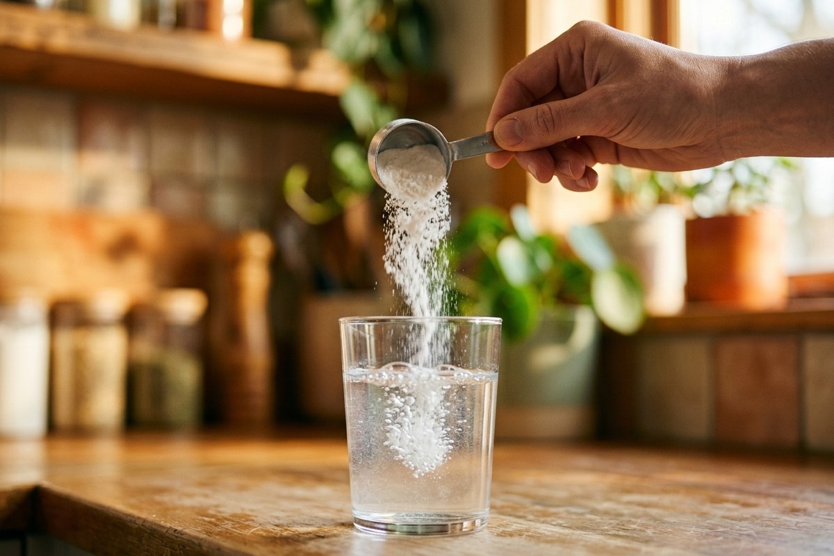 Gros plan sur une main versant de la poudre de complement dans un verre d'eau