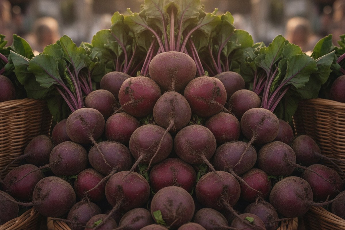 Pile de betteraves rouges fraîches sur un étal de marché en plein été