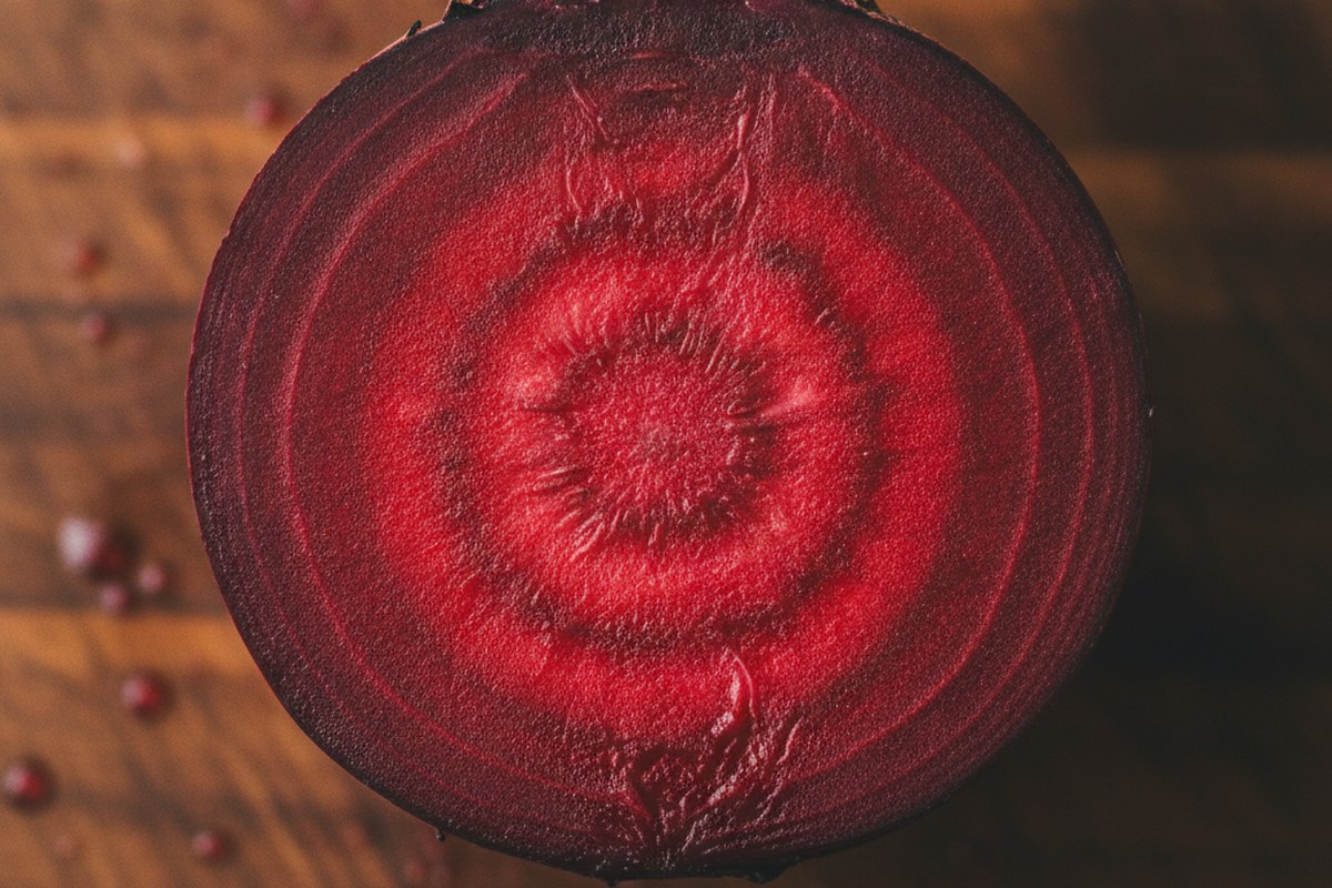 Gros plan macro sur une betterave rouge coupée en deux montrant les anneaux concentriques de chair rubis